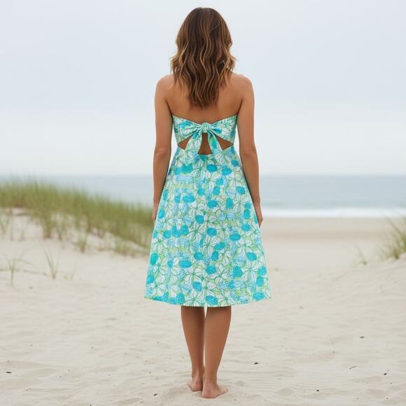 Lilly Pulitzer Strapless Tie Back Sundress 6 Blue Green Floral Print Vintage - Picture 4 of 6